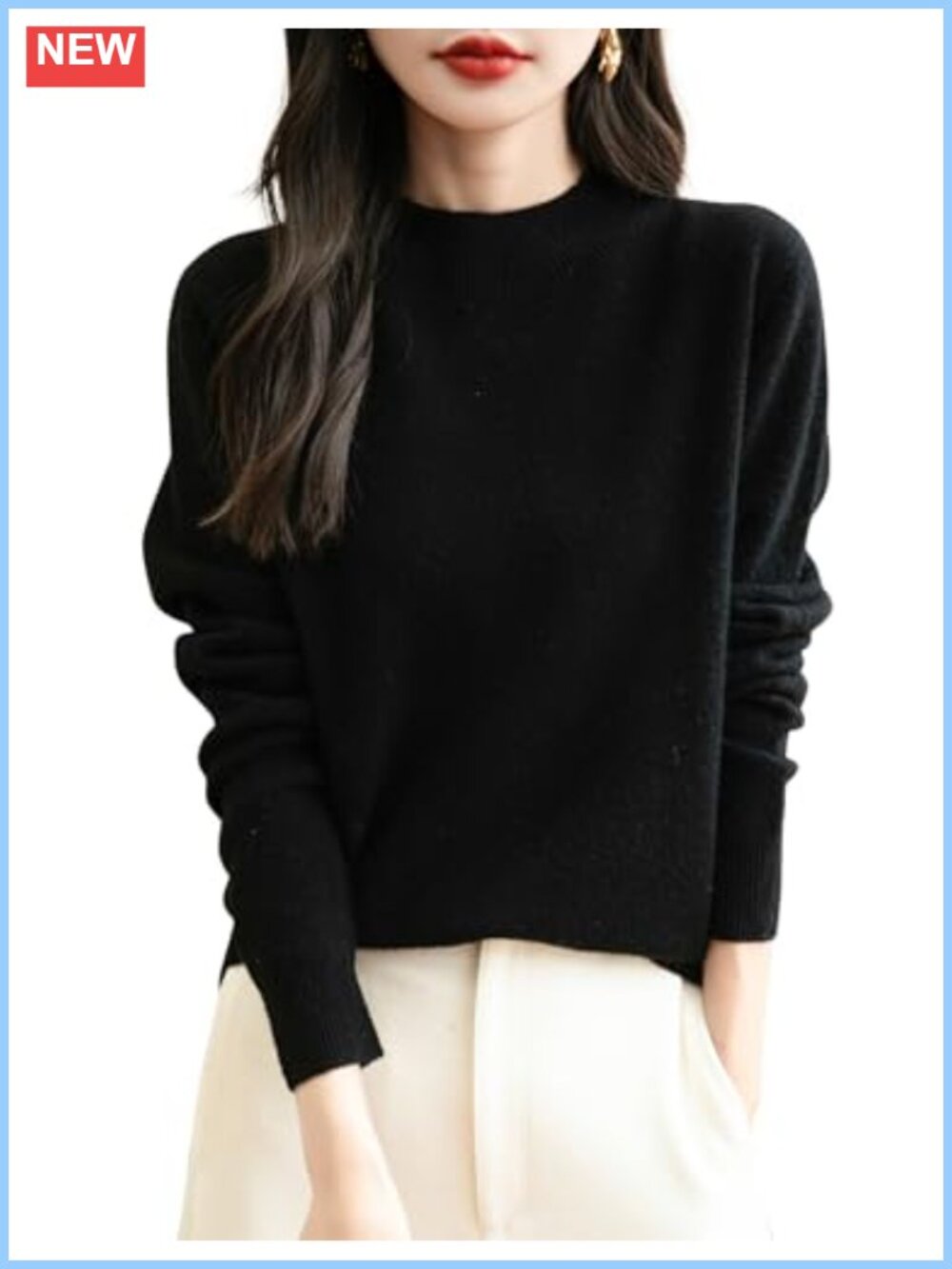100% Merino Wool Seamless Mock Neck Sweater Pullover Long Sleeve Knit Top